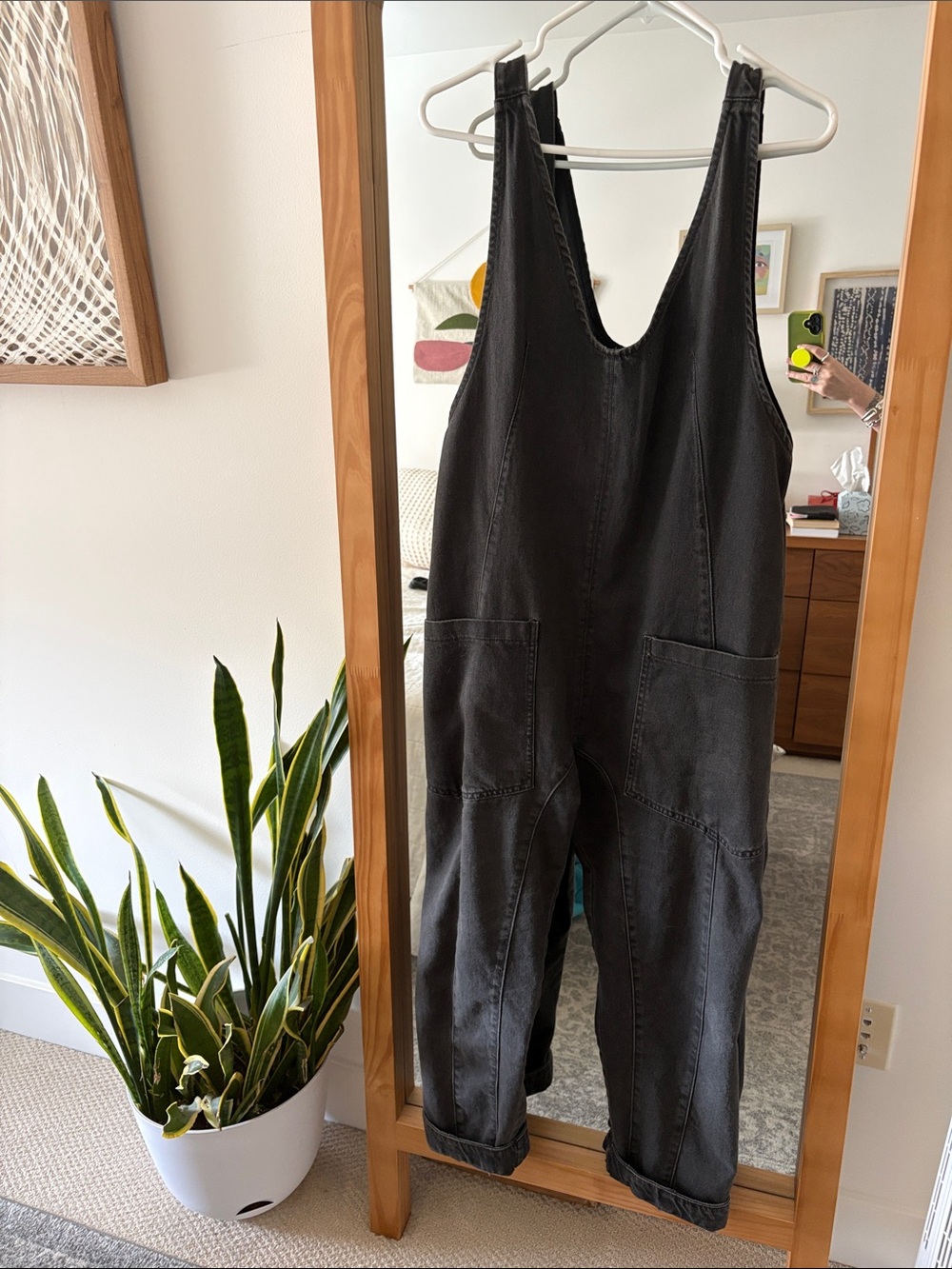 Free People Black High Roller Washed Denim Overalls